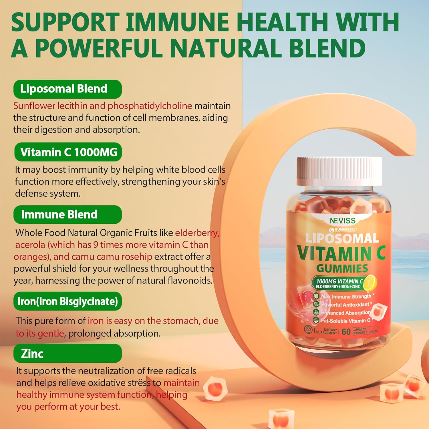 Liposomal Vitamin C 1000mg Gummies for Adults - Vitamin C Chewable 1500mg with 8mg Iron, Zinc & Elderberry - Immune Support, Immune Booster Supplement - for Energy, Collagen Booster, 2Pack Sugar Free