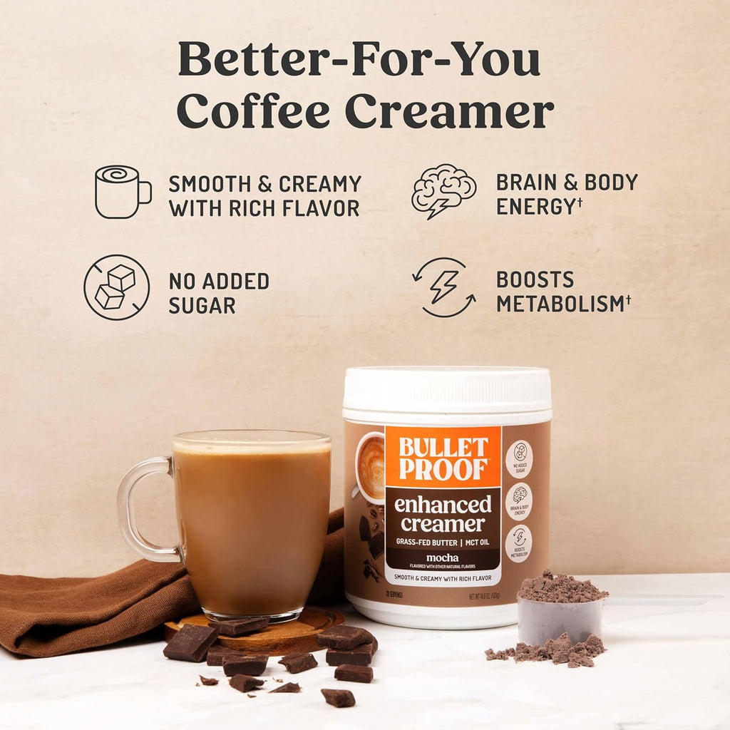 Bulletproof Mocha Creamer, 14.8 Ounces, Keto Coffee Creamer with MCT Oil, Grass-Fed Butter, and Real Cocoa, Supports Brain Function, Packaging May Vary