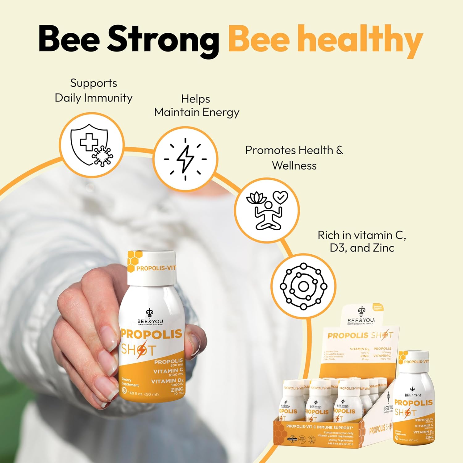 BEE and You Immune Support 100% Natural Propolis Shot Supplement, Antioxidants, Vitamin C, VIT D3, Zinc, Orange Juice, Raw Honey, 1.69 fl. oz x 12 Bottles