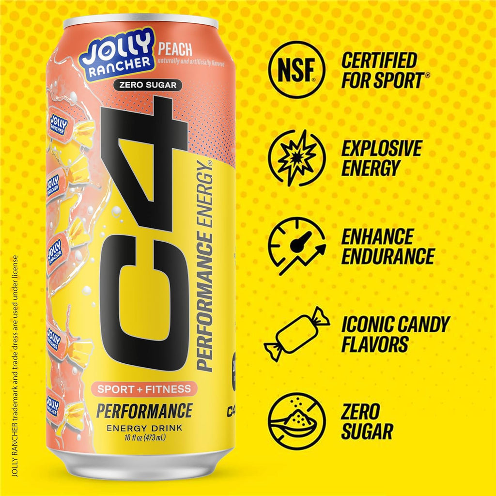 Cellucor C4 Performance Energy Drink | JOLLY RANCHER Peach | Zero Sugar Carbonated Preworkout Energy | 200mg Caffeine with Beta Alanine | 16 Fl Oz (24 Pack)