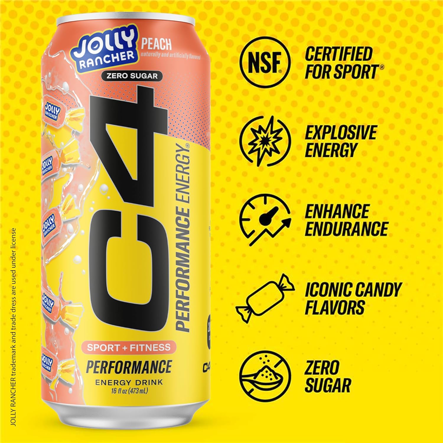 Cellucor C4 Performance Energy Drink | JOLLY RANCHER Peach | Zero Sugar Carbonated Preworkout Energy | 200mg Caffeine with Beta Alanine | 16 Fl Oz (24 Pack)