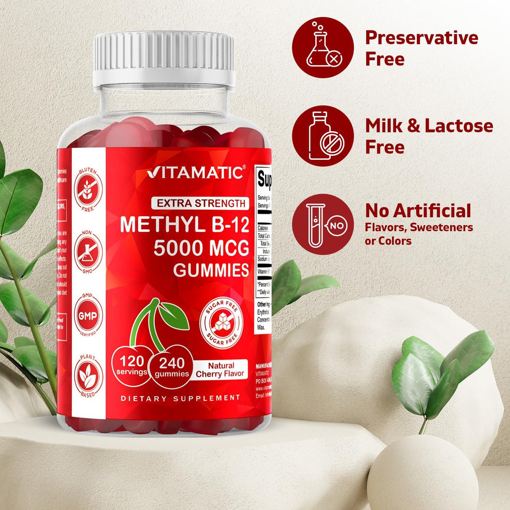 Vitamatic Extra Strength Vitamin B12 5000 mcg (Methyl B12) Gummies - 240 Count, Natural Cherry Flavored