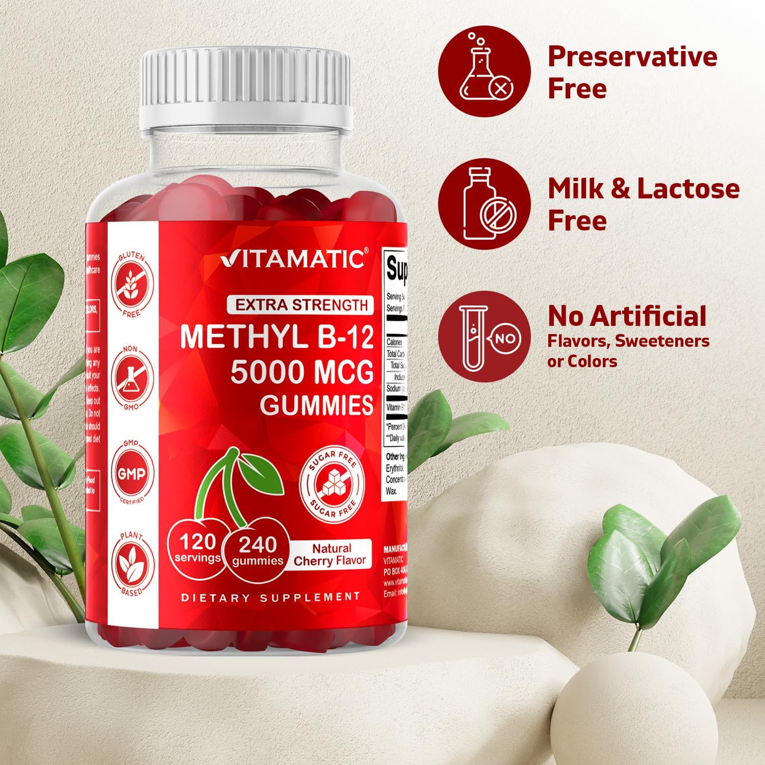 Vitamatic Extra Strength Vitamin B12 5000 mcg (Methyl B12) Gummies - 240 Count, Natural Cherry Flavored