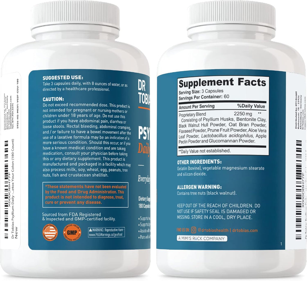 Dr. Tobias Psyllium Daily, Supports Healthy Bowel Movement, Psyllium Husk Capsules with Bentonite Clay, Flaxseed & Natural Ingredients, Daily Fiber Supplement in Support of Colon Health, 180 Capsules
