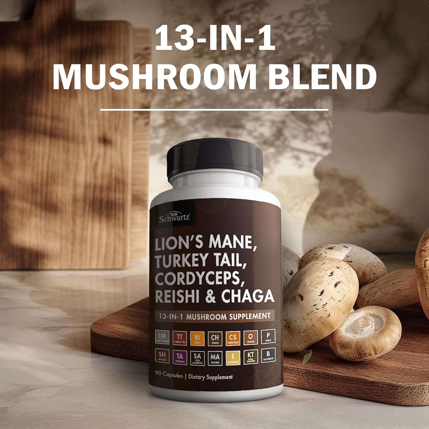 BioSchwartz 13-in-1 Mushroom Complex Capsules - Organic Mushroom Supplement with Lions Mane, Chaga, Reishi, Cordyceps - Supports Focus, Energy, Immune System - with BioPerine for Absorption, 90 Count
