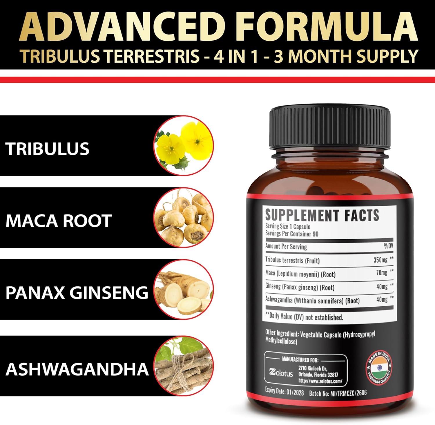 Zolotus Premium Tribulus Terrestris Capsules - Combined with Ashwagandha, Panax Ginseng & Maca - 90 Counts for 3 Months