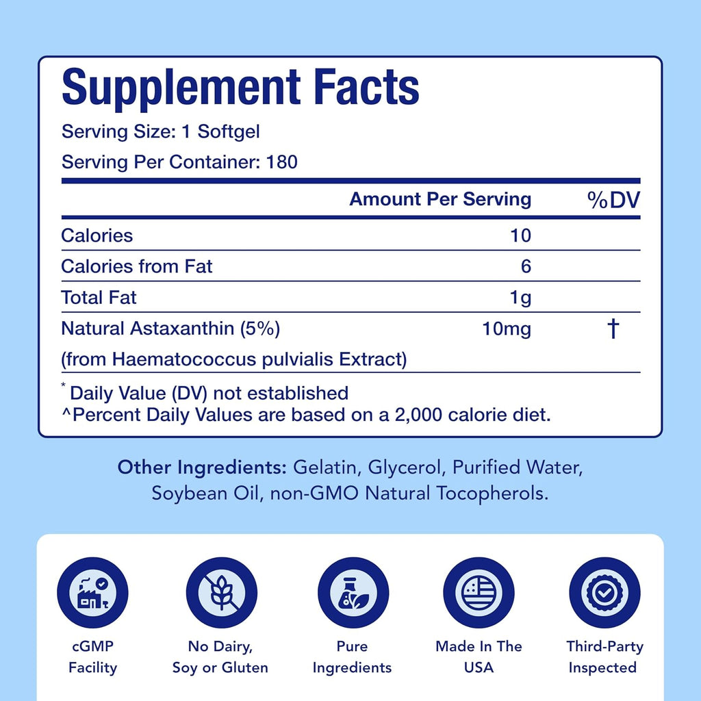 Astaxanthin Supplement for Men and Women | Antioxidant & Carotenoid Rich Astaxanthin 10mg From Haematococcus Pluvialis Microalgae for Eye & Skin Health Support (180 Day Supply) Packaging May Vary
