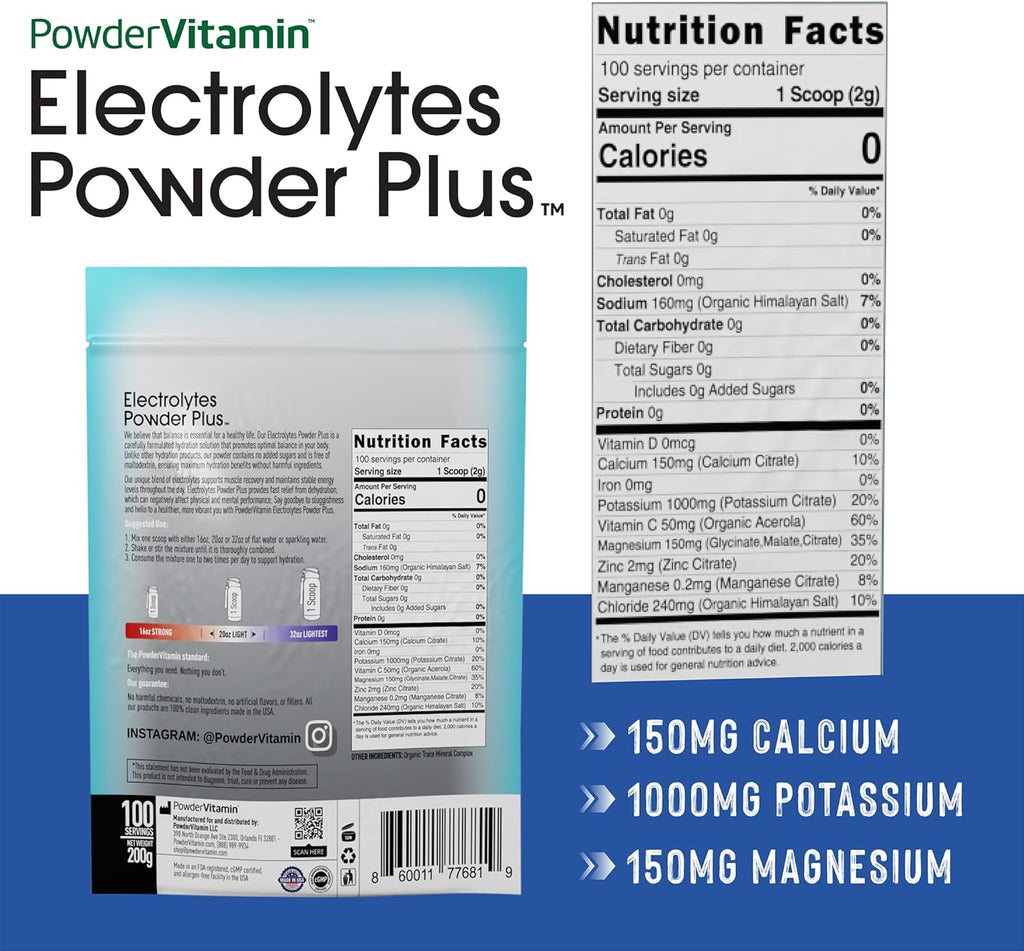 PowerVitamin Unflavored Electrolytes Powder No Sugar for Daily Energy - Keto Electrolytes - Hydration Powder with 1000mg Potassium, 120mg Calcium, Magnesium, No Stevia, 100 Servings