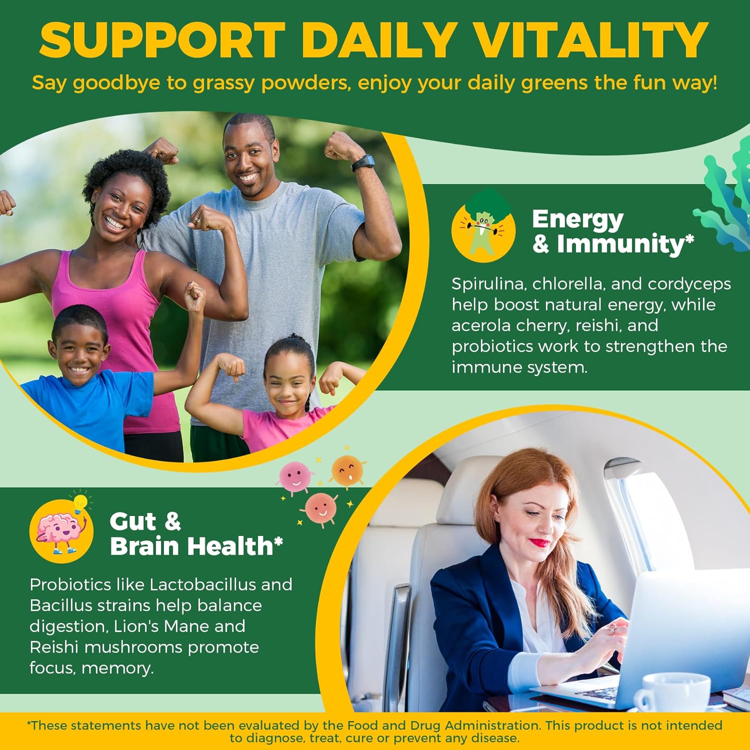 Organic Super Greens Daily Gummies + Probiotics, Spirulina, Chlorella, Spinach, Broccoli, Fiber, Fruits Veggies, Mushroom - Greens Powder Superfood Alternative, Natural Energy, Sugar Free Vegan, 60Cts