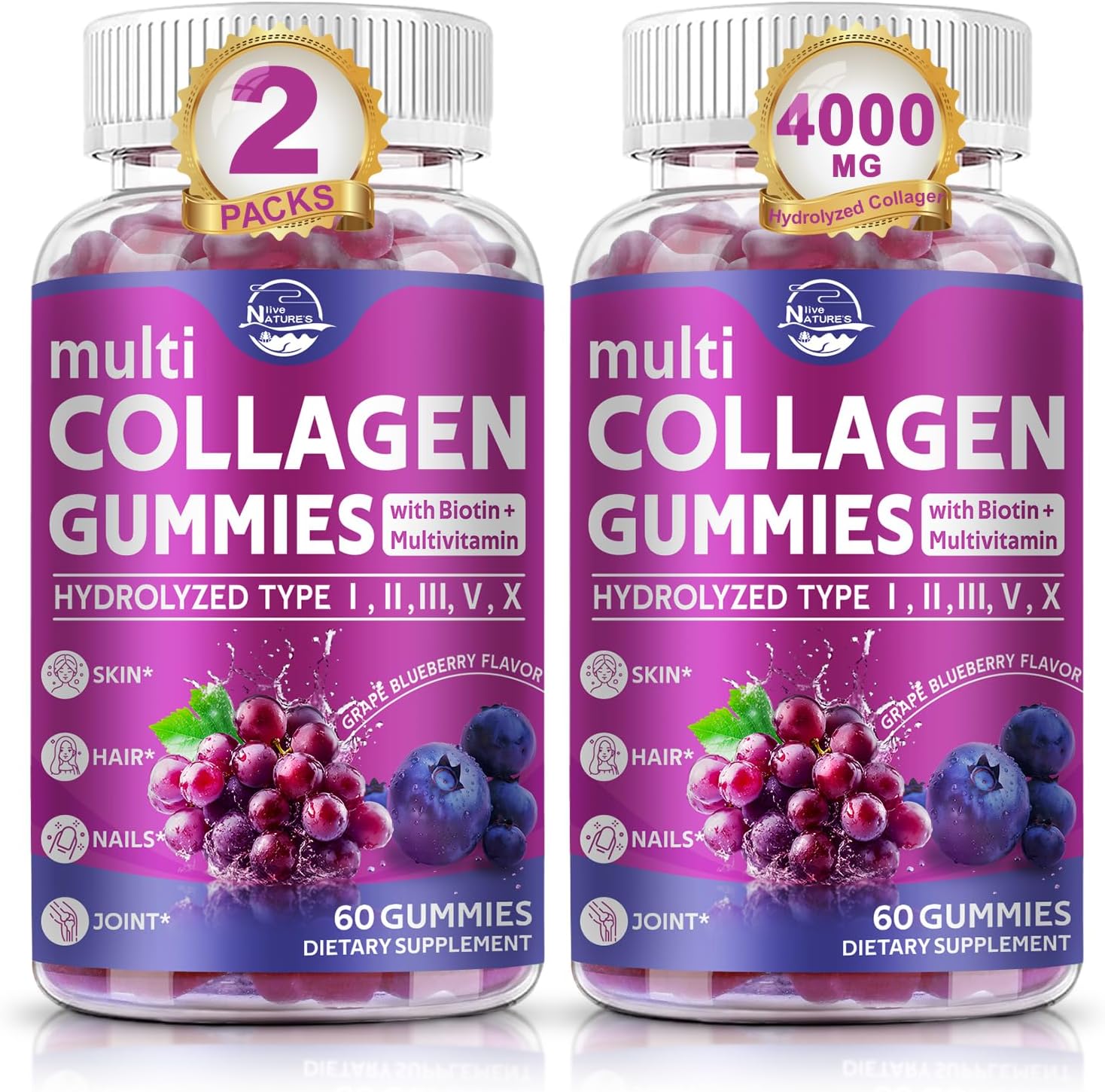 Nature's live Multi Collagen Peptides Gummies, Type I, II, III, V, X - Hydrolyzed Collagen Peptides Gummies, Supports Healthy Skin, Strong Nails & Thick Hair, Grape Blueberry Flavor, 60 Count, 2 Pack