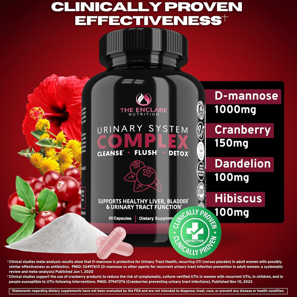 THE ENCLARE NUTRITION D Mannose with Cranberry Pills, Urinary Tract Health UTI Support, Kidney, Bladder, Liver Cleanse, Detox. D-mannose 1000mg Capsules, Cranberry Juice Powder, Dandelion & Hibiscus