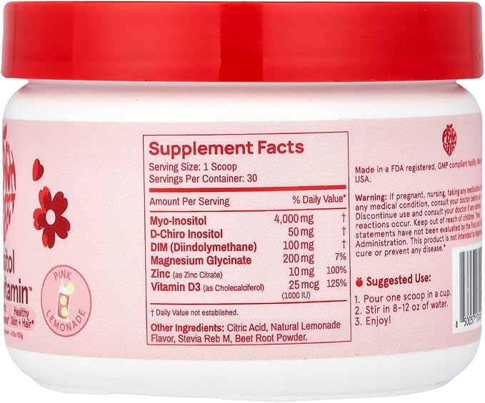 Peach Perfect Inositol Powder Multivitamin, Pink Lemonade Flavor – 4g Myo & D-Chiro Inositol, DIM, Zinc, Magnesium Glycinate, Vitamin D3 – Supports Women’s Health, Cycle, Energy, 30 SVG