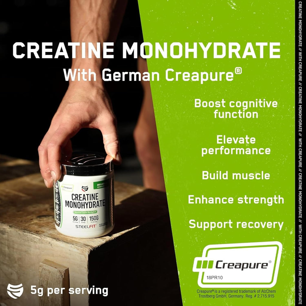 SteelFit Creapure Creatine Monohydrate Powder, Unflavored - German Micronized Creatine Powder for Men & Women - Gym Workout Nutritional Supplements for Muscle Gain, Brain Health & Strength Building