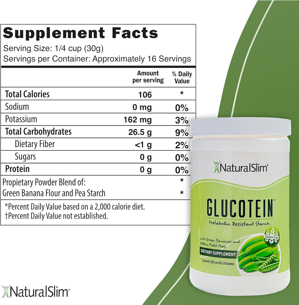 NaturalSlim Prebiotic Resistant Starch Supplement with Green Banana Flour Organic & Pea Starch Blend for Metabolism & Digestive Processes Glucotein Powder - Non-GMO & Gluten Free - 16 Servings