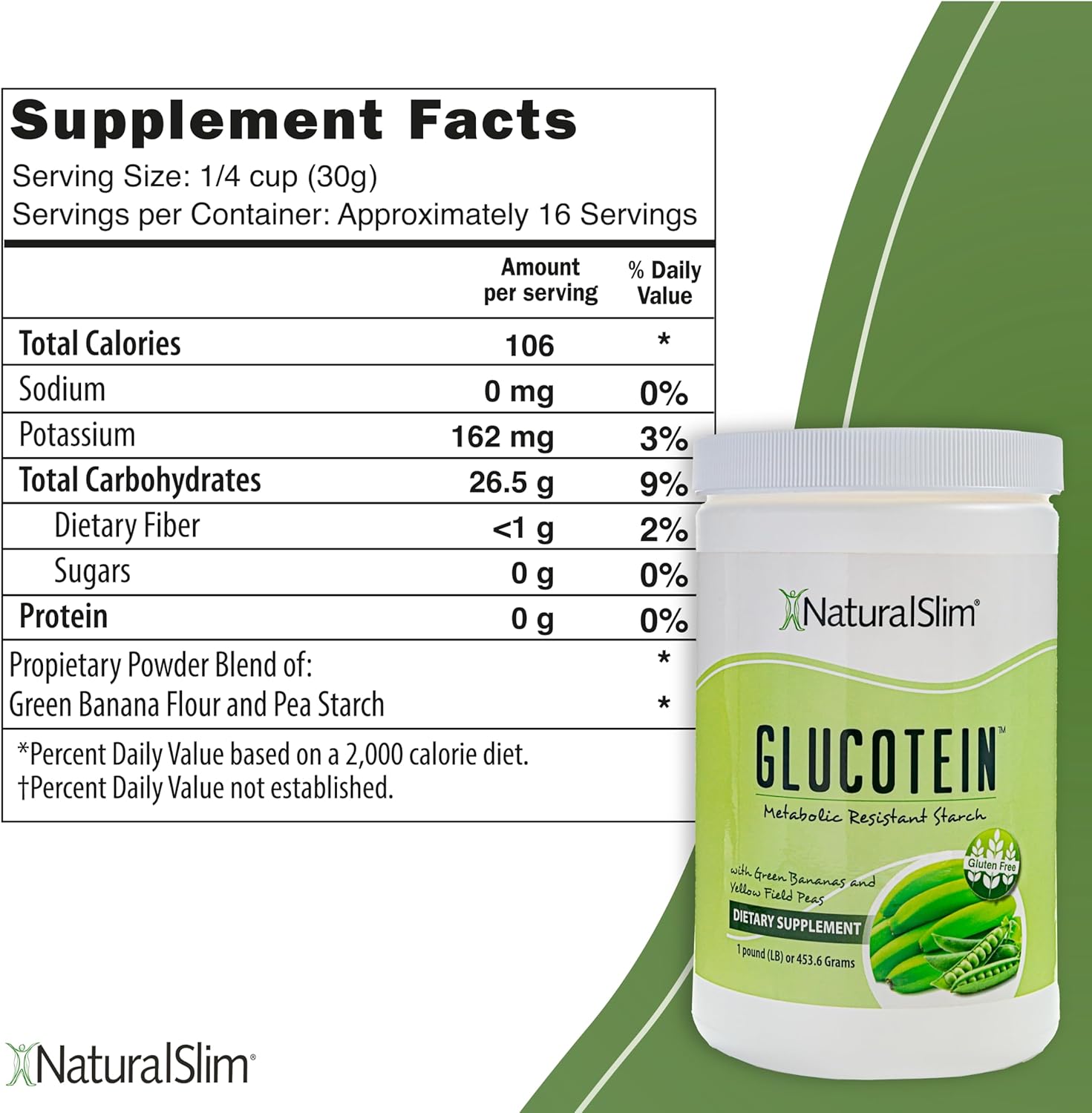 NaturalSlim Prebiotic Resistant Starch Supplement with Green Banana Flour Organic & Pea Starch Blend for Metabolism & Digestive Processes Glucotein Powder - Non-GMO & Gluten Free - 16 Servings