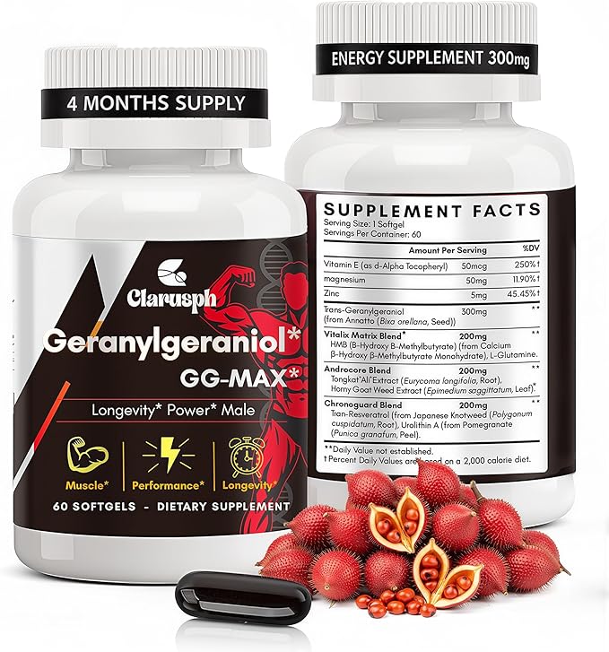 Energy Supplement Geranylgeraniol GG 300mg, Trans-Geranylgeraniol Supplement with Vitamin E for CoQ10, Annatto-Derived GG - Energy Supplements for Men, 120 Softgels