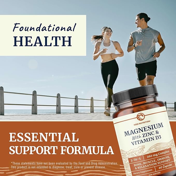 Magnesium Zinc & Vitamin D3 | 260MG Complex | High Absorption Mag Citrate, Glycinate & Malate | Muscle, Nerve Function & Bone Health Support | Zinc and Magnesium Supplement with VIT D3 | 60 Ct.
