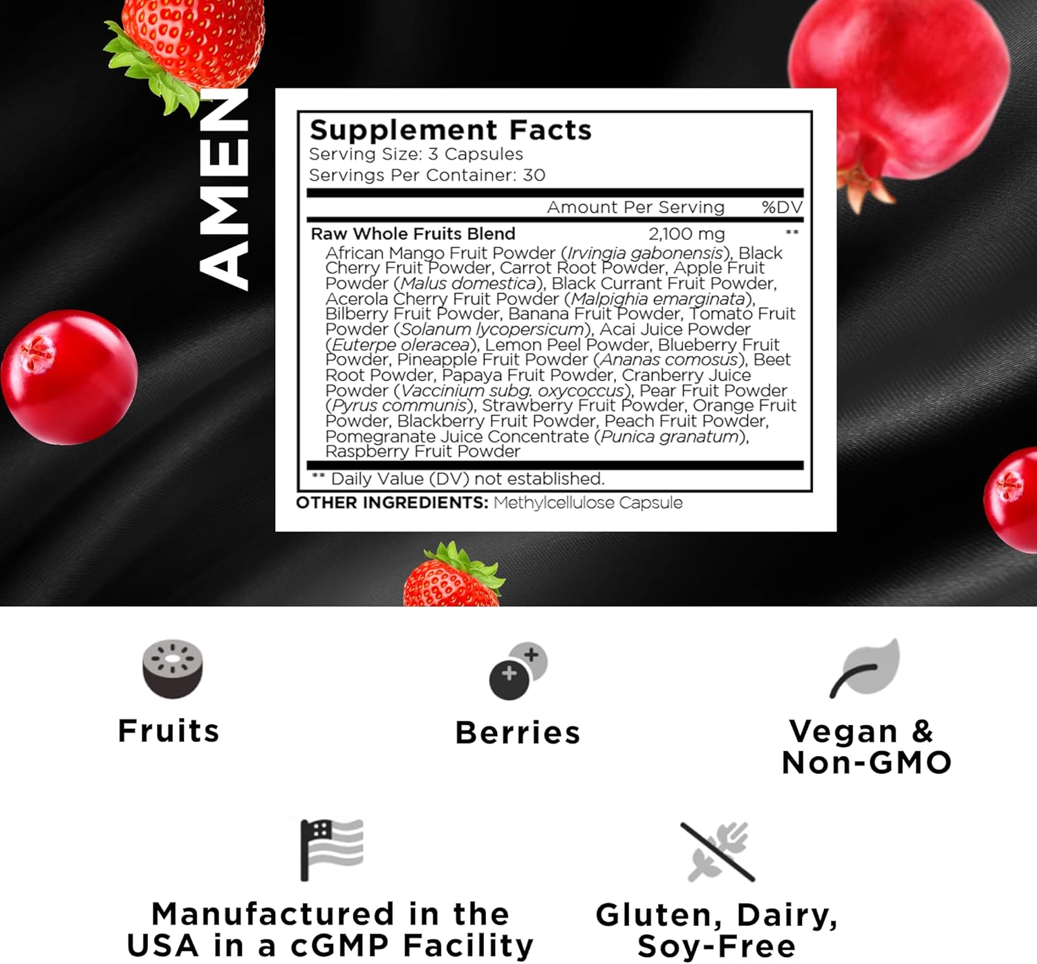 Amen Fruits, Daily Fruits Vitamins Supplements, Over 20 Whole Fruit Extracts - Raw Multivitamin, Berries, Antioxidant Polyphenols Superfood & Flavonoids - Non-GMO - 90 Capsules