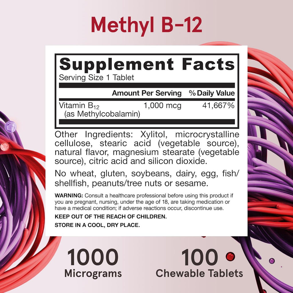 Jarrow Formulas Extra Strength Methyl B-12, Dietary Supplement for Cellular Energy Production, 100 Lemon-Flavored Chewable Tablets, Up to a 100 Day Supply