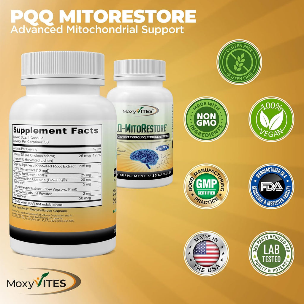 PQQ MITORESTORE Brain Supplements for Memory and Focus - Mitochondria Supplement with BioPQQ 20mg - Purest Form NOT Chemically Synthesized, Cognitive and Heart Support - 30 Vegan Capsules, Non GMO