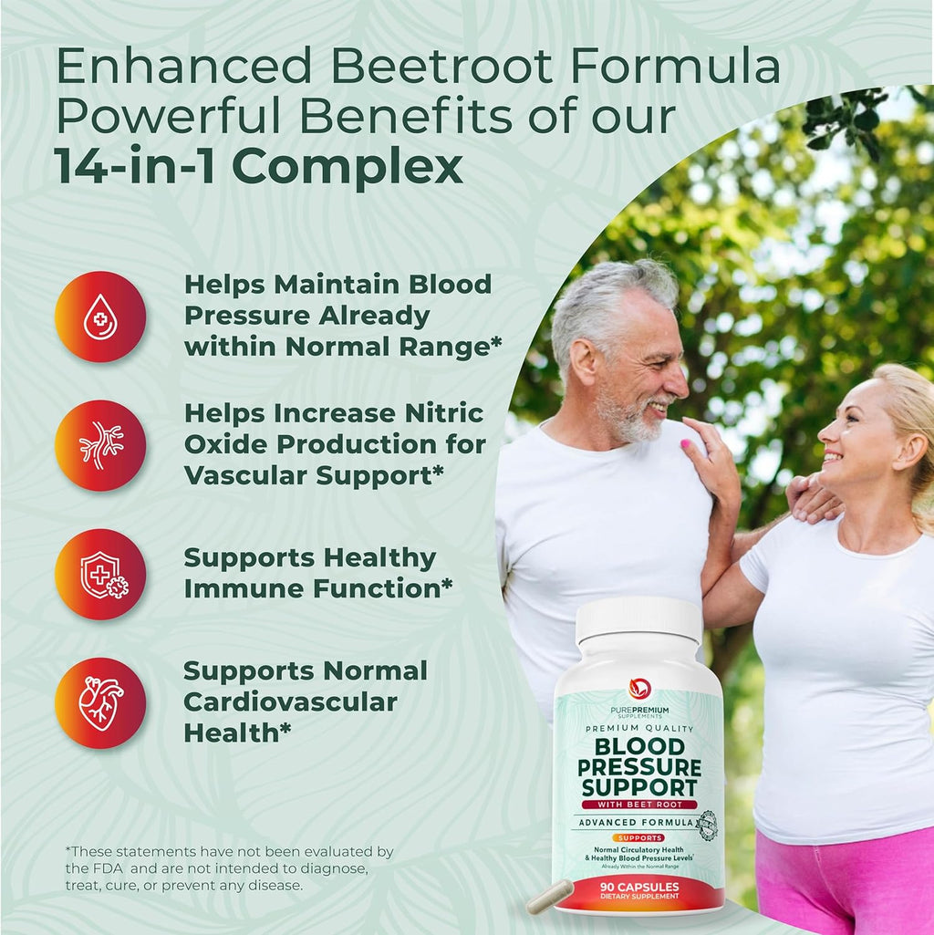 PurePremium Beet Root Capsules for Blood Pressure Support – 700mg Advanced Formula with Beetroot Powder, Hawthorn, Hibiscus & Garlic for Normal Nitric Oxide Production & Heart Health – Non-GMO - 90ct