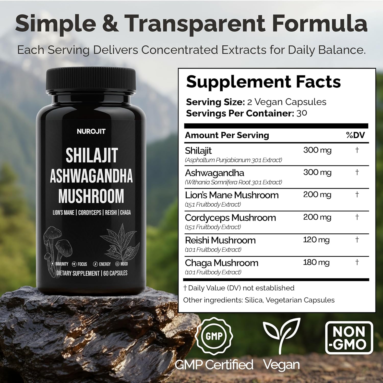Shilajit Ashwagandha Mushroom Capsules, Herbal Blend with Lion’s Mane, Cordyceps, Reishi & Chaga, Vegan, Lab Tested, Non-GMO Supplement for Focus, Energy, Clarity & Daily Balance (60 Caps)