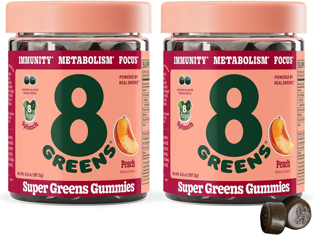 8Greens Supergreens Gummies | Super Greens Powder Superfood Gummy for Metabolism, Immunity & Focus, Digestive Health Enzymes, Organic: Chlorella, Spirulina, Aloe Vera, Peach Flavor, 100 Count