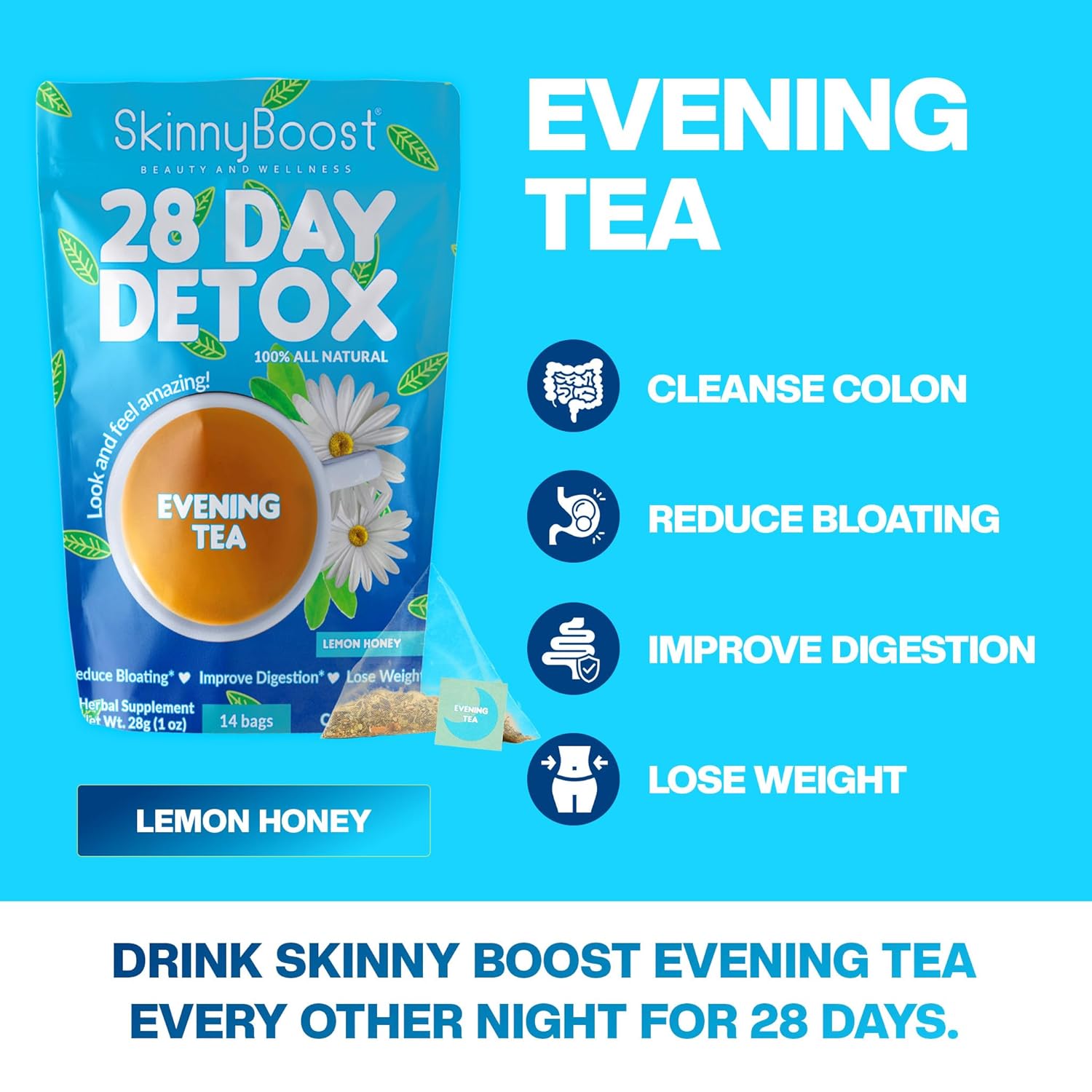 SkinnyBoost 28 Day Detox Tea Kit – Natural Cleansing & Bloating Support – 3 Pack - 28 Daytime Tea Bags & 14 Evening Tea Bags – Green Tea & Herbal Blend – Non-GMO, Vegan, Keto-Friendly, Sugar-Free