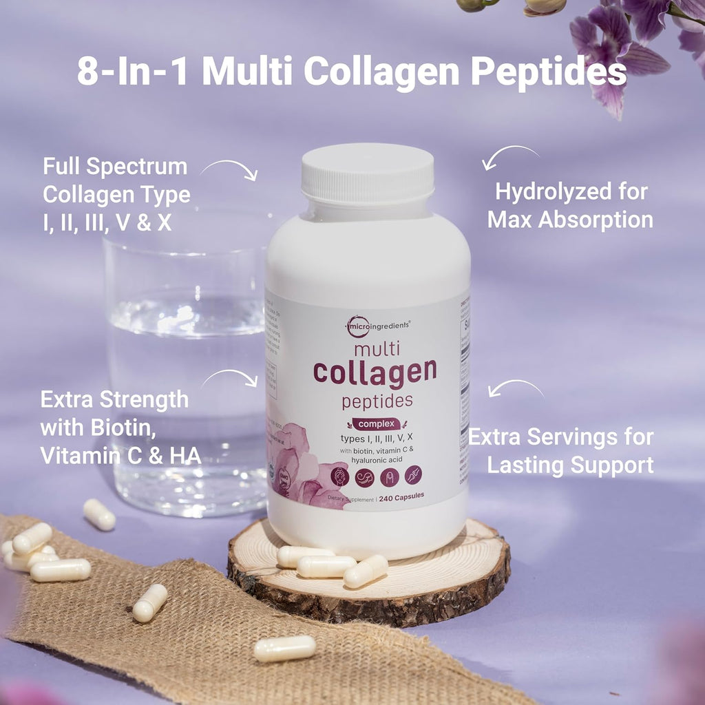Micro Ingredients Multi Collagen Pills for Women & Men, 240 Capsules | Type I, II, III, V, X | Hydrolyzed Peptides with Biotin, Hyaluronic Acid, & Fat Soluble Vitamin C Complex | Non-GMO, Filler Free