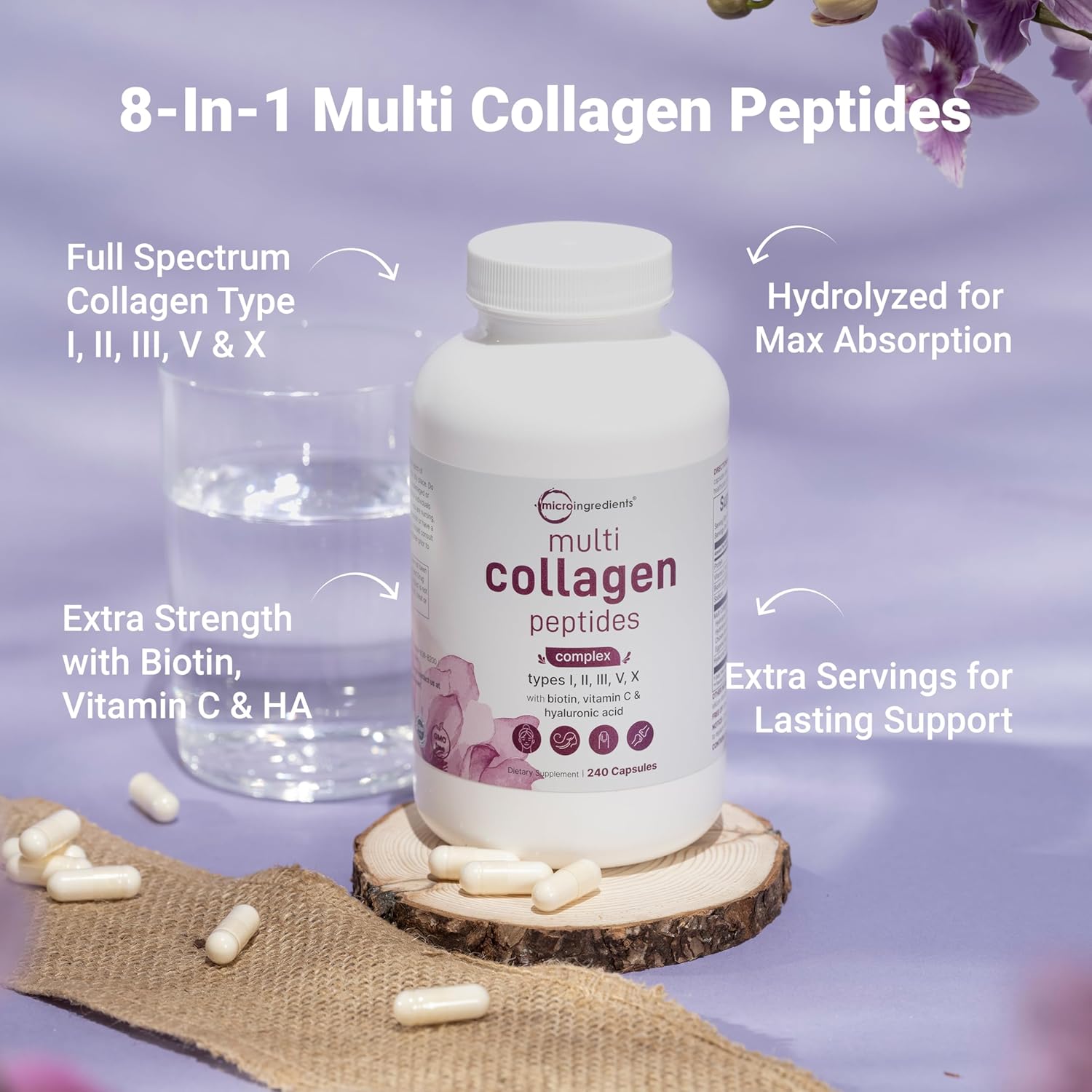 Micro Ingredients Multi Collagen Pills for Women & Men, 240 Capsules | Type I, II, III, V, X | Hydrolyzed Peptides with Biotin, Hyaluronic Acid, & Fat Soluble Vitamin C Complex | Non-GMO, Filler Free