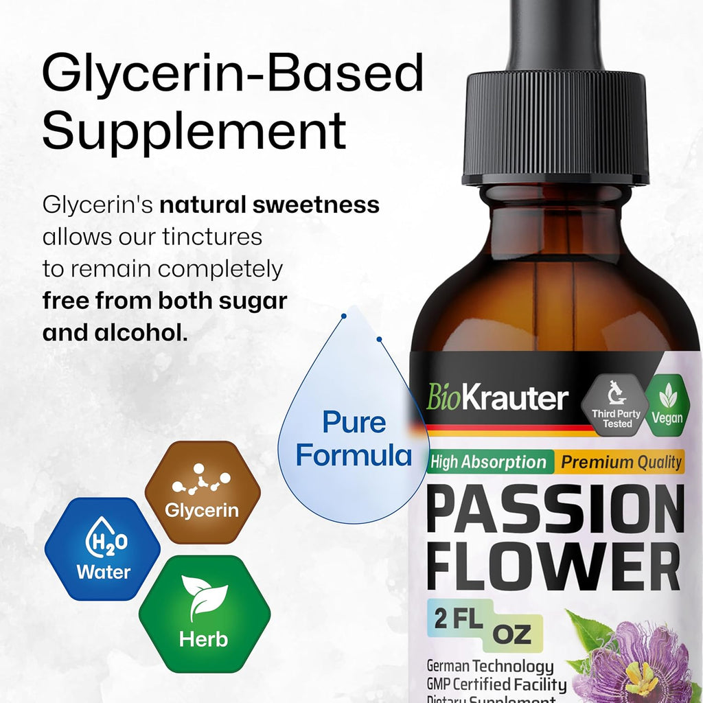 BIO KRAUTER Passionflower Tincture - Passion Flower Extract for Mood Support - Alcohol and Sugar Free - Vegan Drops 2 Fl.Oz.