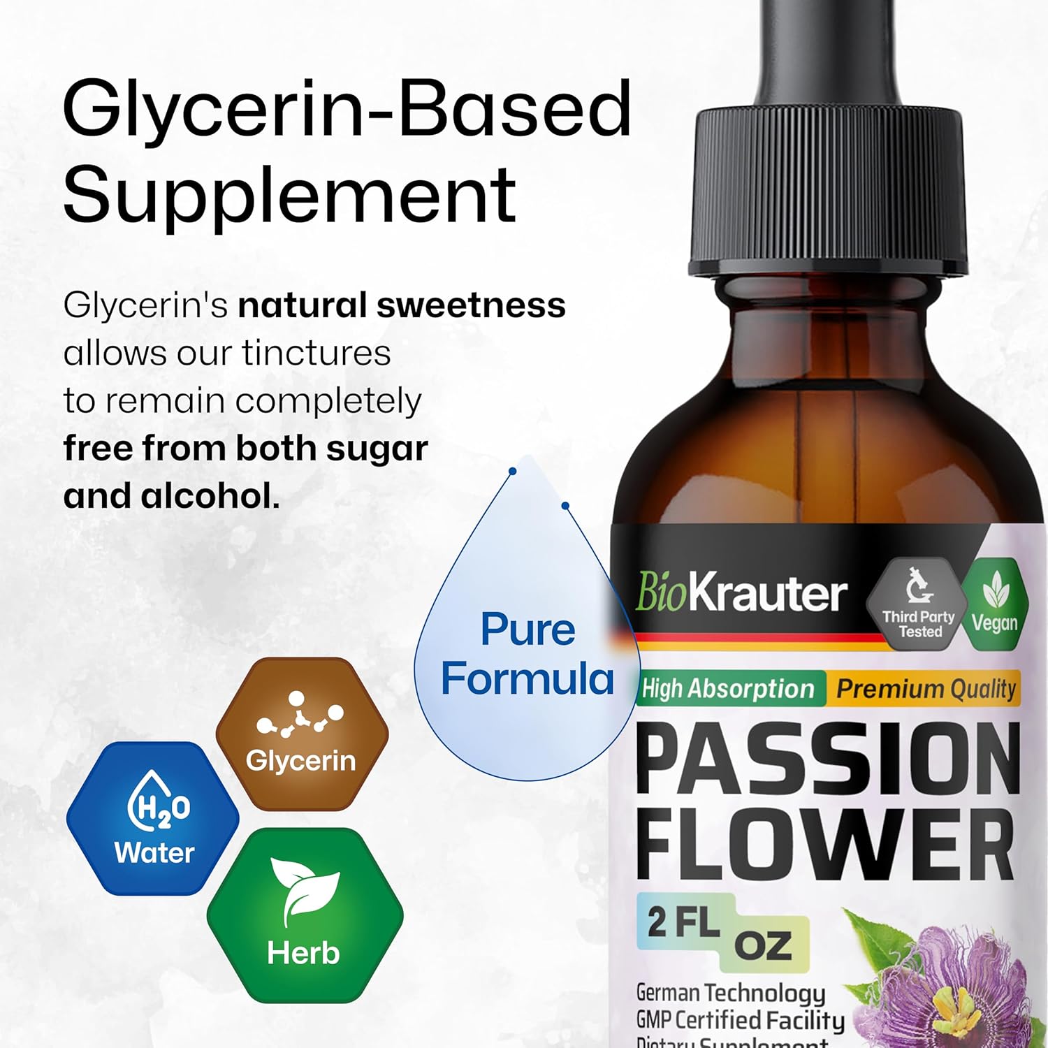 BIO KRAUTER Passionflower Tincture - Passion Flower Extract for Mood Support - Alcohol and Sugar Free - Vegan Drops 2 Fl.Oz.