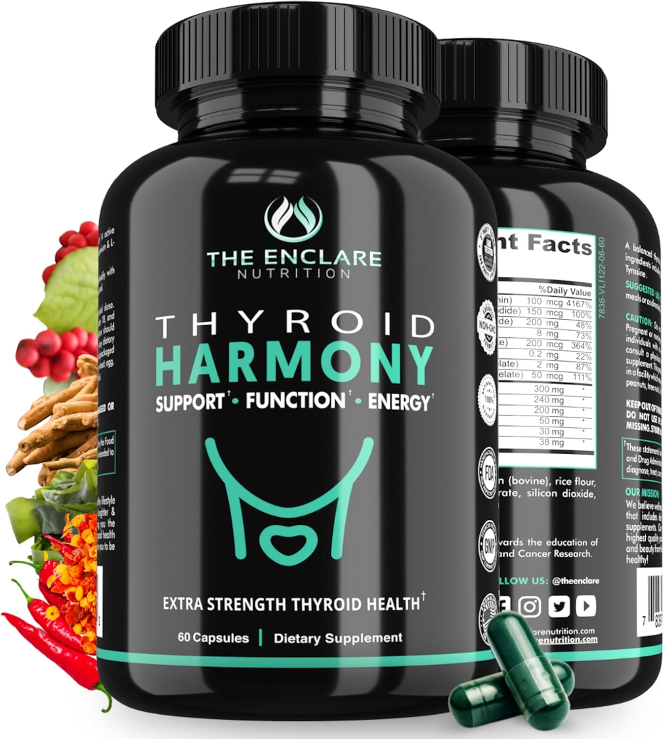 THE ENCLARE NUTRITION Thyroid Support Supplement with Iodine - Balance Hormones for Energy, Metabolism, Focus, Stress, Mood. Ashwagandha, Zinc, Selenium, Vitamin B12, Kelp, Magnesium, L Tyrosine (1)