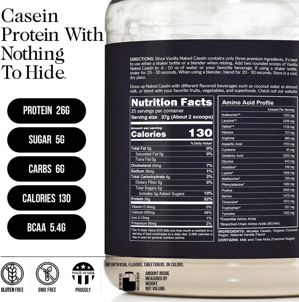 NAKED Casein - 2Lb Micellar Vanilla Casein Protein - Bulk, GMO-Free, Gluten Free, Soy Free, Preservative Free - Stimulate Muscle Growth - Enhance Recovery - 15 Servings