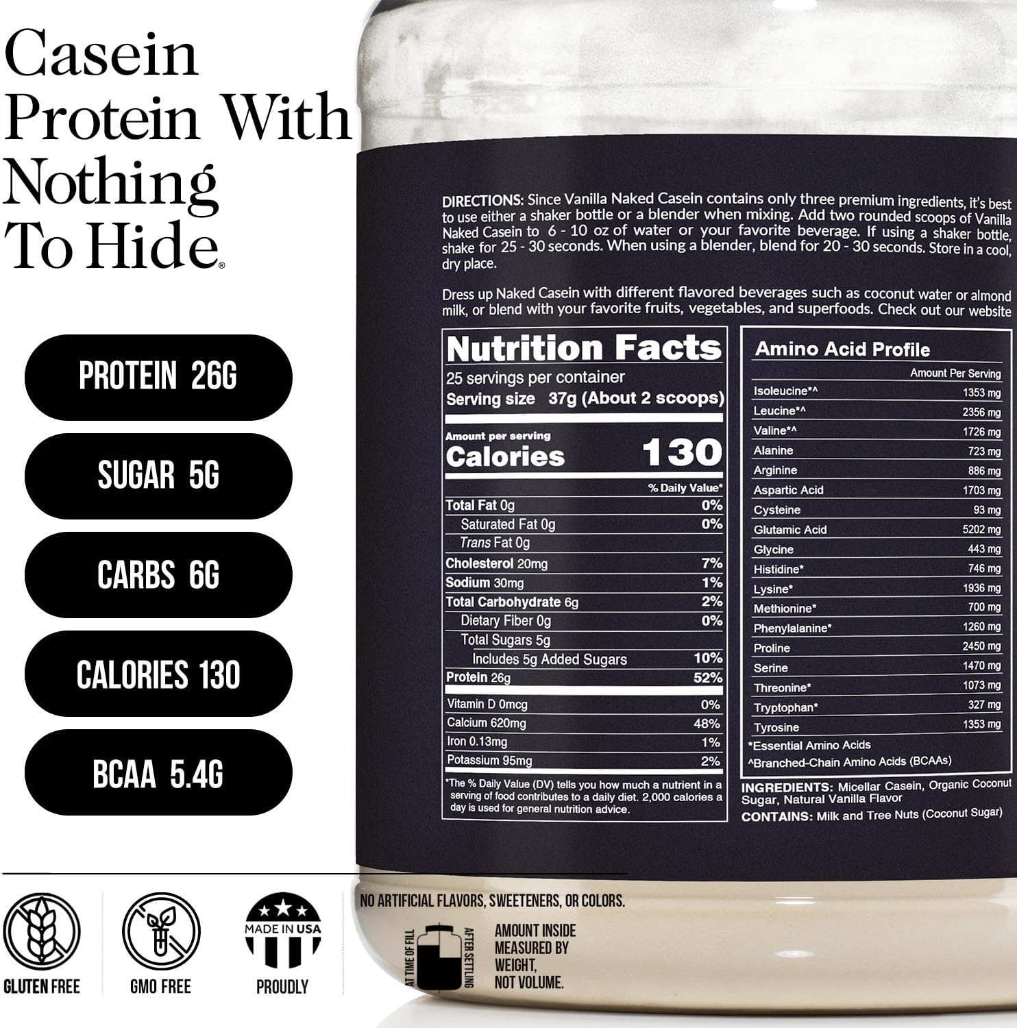 NAKED Casein - 2Lb Micellar Vanilla Casein Protein - Bulk, GMO-Free, Gluten Free, Soy Free, Preservative Free - Stimulate Muscle Growth - Enhance Recovery - 15 Servings