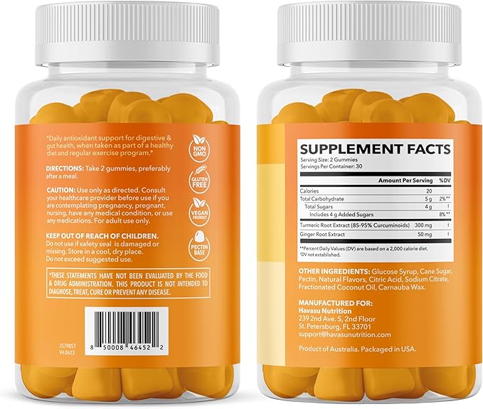 Turmeric Gummies with Ginger Root Extract - Digestive Health and Immune Support Supplement for Overall Wellness - 60 Count - Vegan, Non-GMO Curcumin Vitamin - Peach Flavor, 1 Month Supply