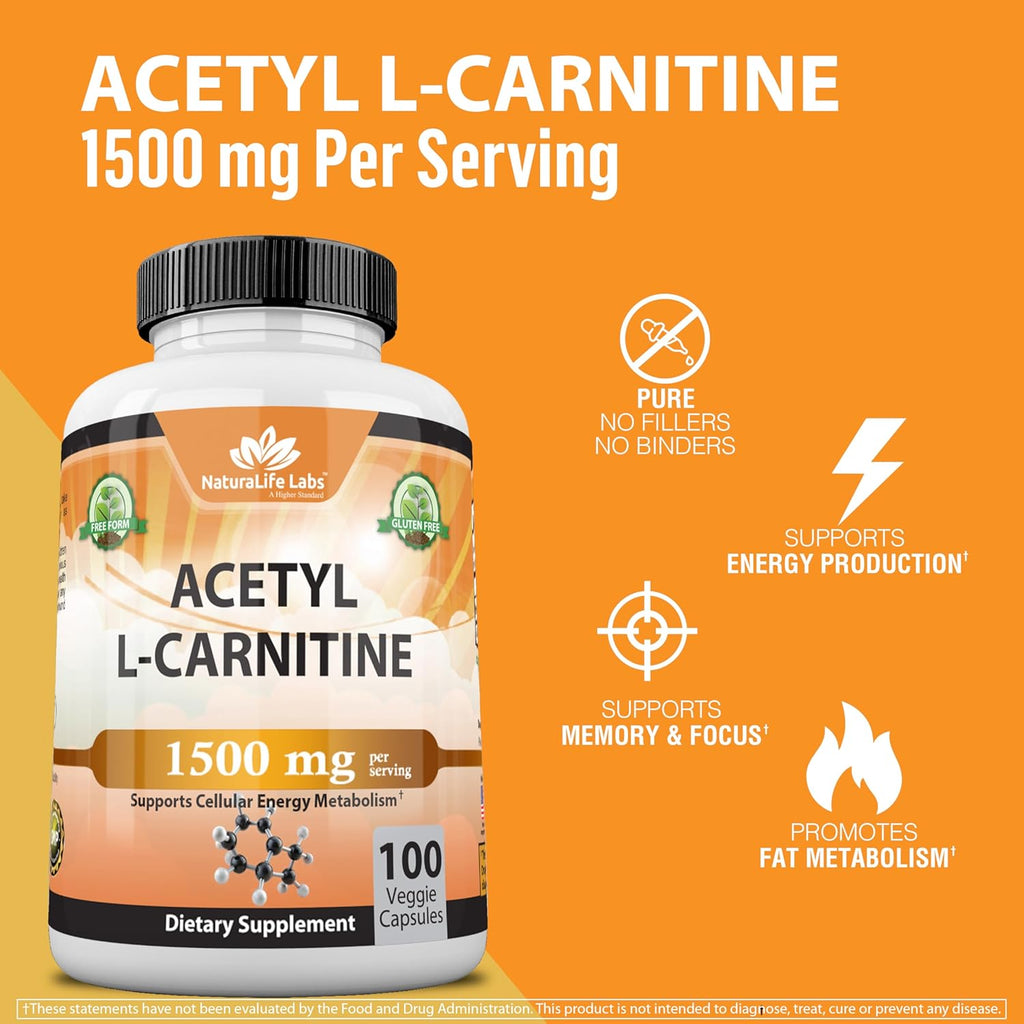 Acetyl L-Carnitine 1,500 mg High Potency Supports Energy Production, Sports Nutrition, Supports Memory/Focus - 100 Veggie Capsules
