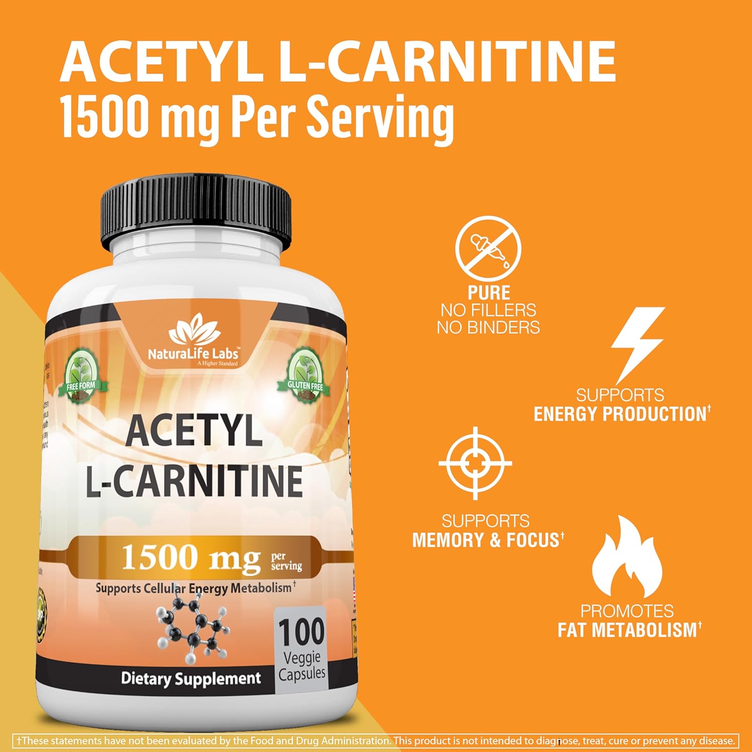 Acetyl L-Carnitine 1,500 mg High Potency Supports Energy Production, Sports Nutrition, Supports Memory/Focus - 100 Veggie Capsules