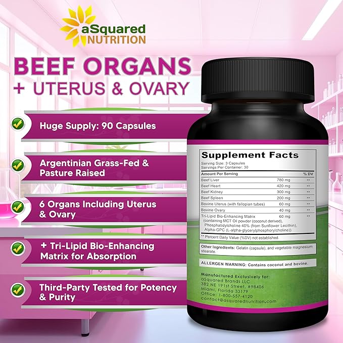 aSquared Nutrition Beef Organ Supplement for Women - Grass Fed Liver Capsules - Ovary, Uterus, Kidney & Heart - Female Superfood - Women's Complex Pills for Energy & Health