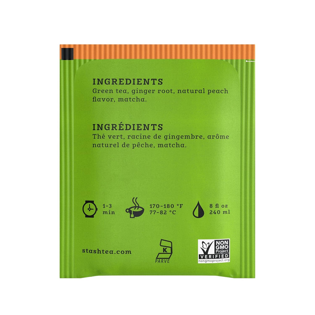 Stash Tea Ginger Peach Green Tea - Caffeinated, Non-GMO Project Verified Premium Tea with No Artificial Ingredients, 18 Count (Pack of 6) - 108 Bags Total
