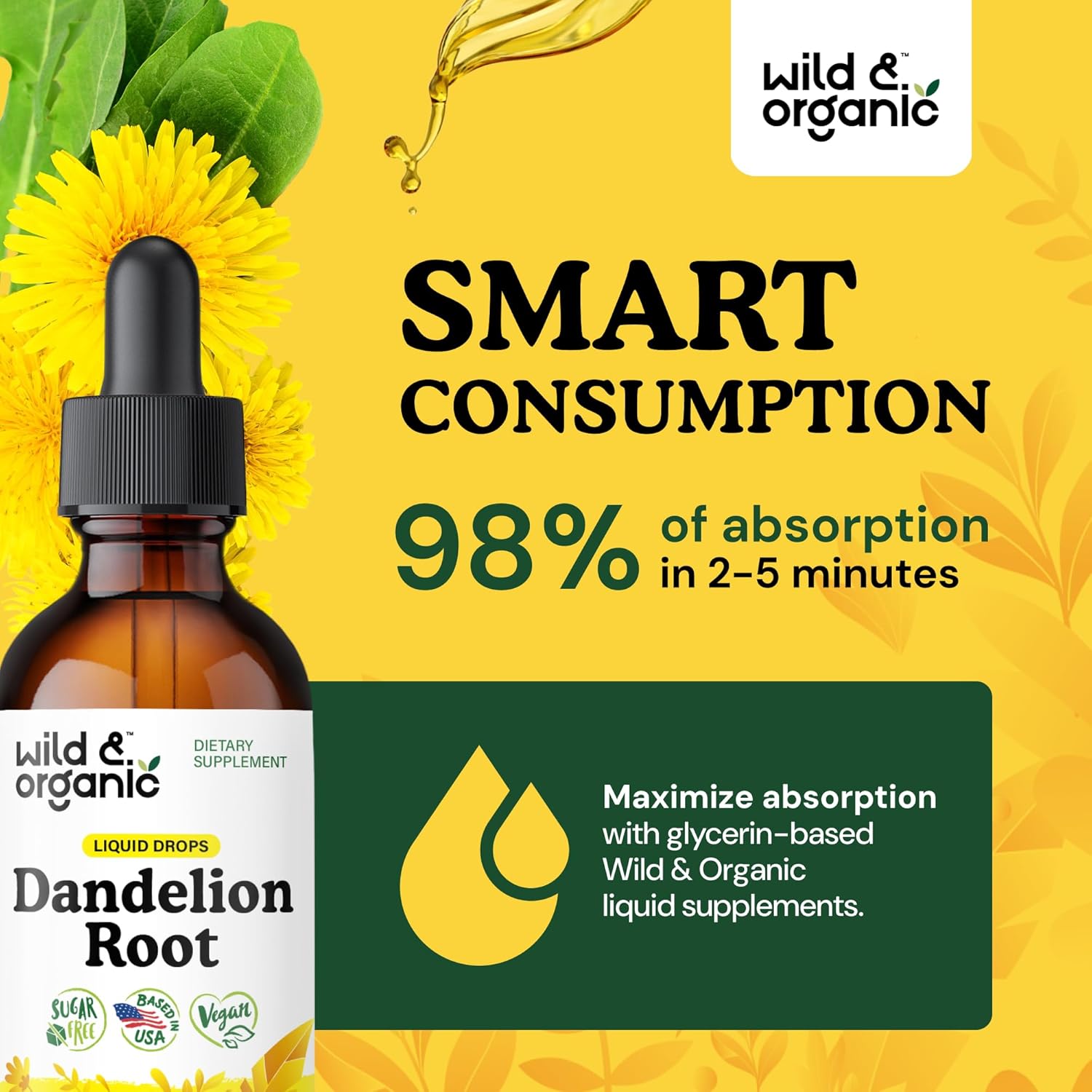 Wild & Organic Dandelion Root Supplement Drops - Liver Cleanse Support - Dandelion Root Tincture for Liver Detox - Vegan, Sugar & Alcohol-Free Liquid Extract - 2 fl oz