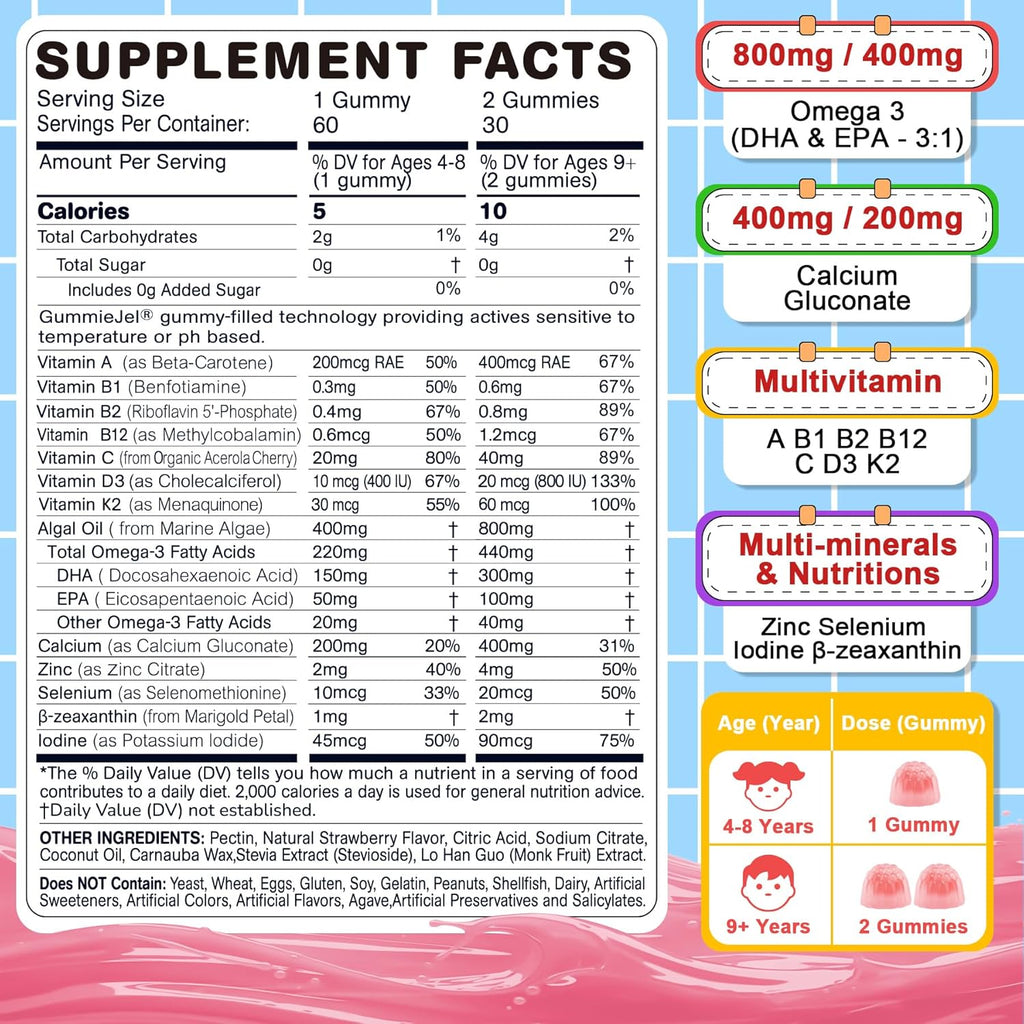 Omega 3 (EPA/DHA) Filled Gummies for Kids with Multivitamin, Calcium + D3 + K2 + Zinc, Plus Vitamin A B1 B2 B12 C, Selenium, Iodine for Brain, Eye, Bone, Energy, No Fish Taste, 2 Pack