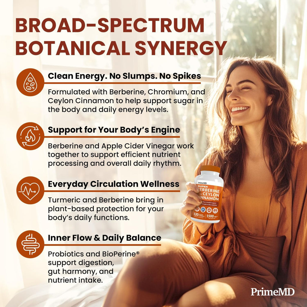 Super Berberine Supplement with Ceylon Cinnamon, BioPerine, Apple Cider, and Turmeric 1500mg - 8-in-1 Dihydroberberine Supplement for Overall Wellness and Balance Support, 120 ct