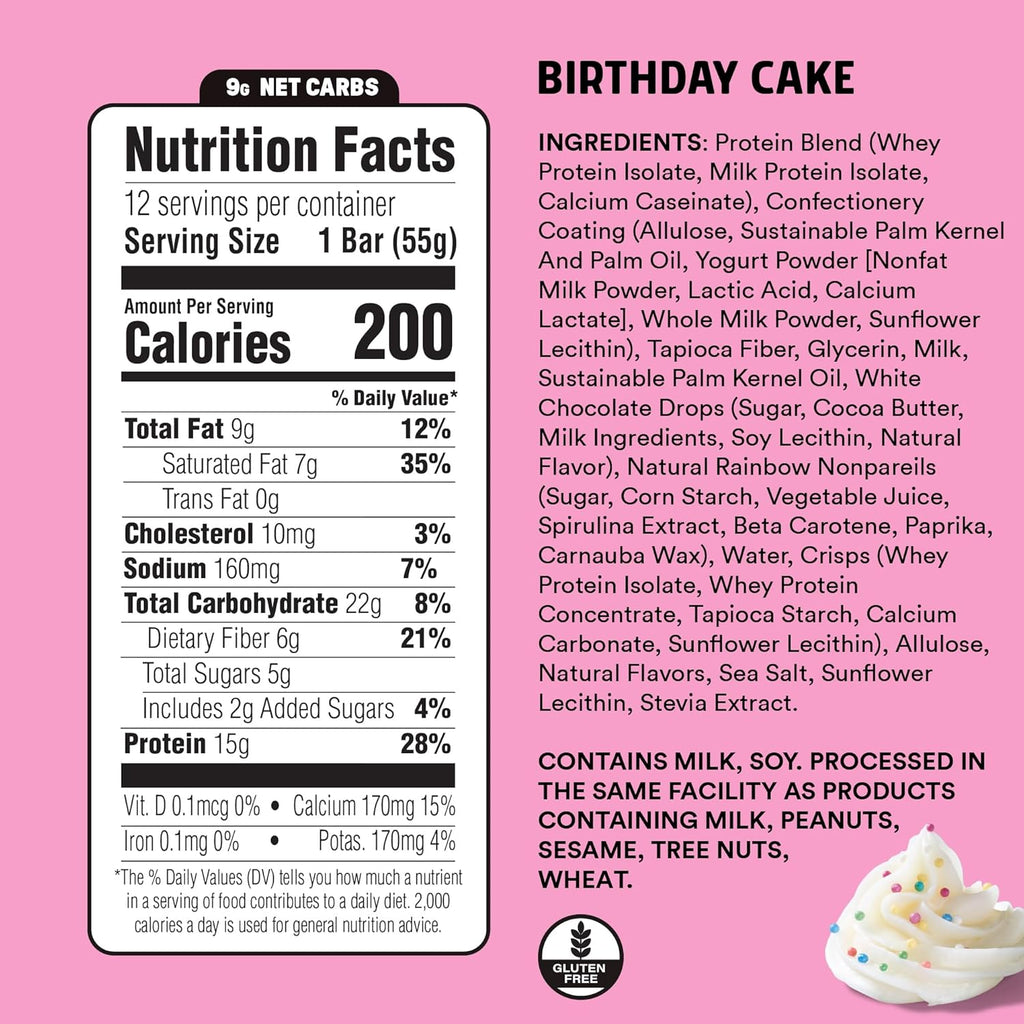 JUNKLESS Protein Bars - Birthday Cake - 15g Protein, Low Sugar, Gluten Free, High Fiber, Delicious Taste and Texture, Satisfying, Healthy Snack for Energy - 12 Bars