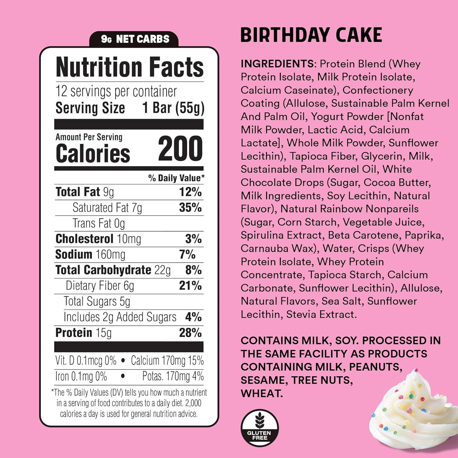 JUNKLESS Protein Bars - Birthday Cake - 15g Protein, Low Sugar, Gluten Free, High Fiber, Delicious Taste and Texture, Satisfying, Healthy Snack for Energy - 12 Bars