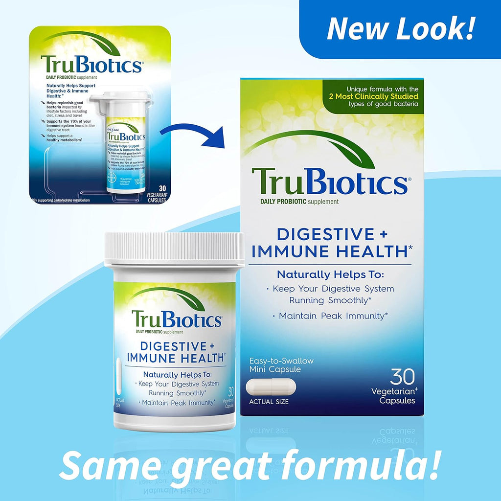 TruBiotics Probiotics for Digestive & Immune Health, Supports Regularity & Helps Relieve Abdominal Discomfort, Gas & Bloating, 2 Clinically Studied Probiotic Strains, Plus Prebiotics, 30 Capsules