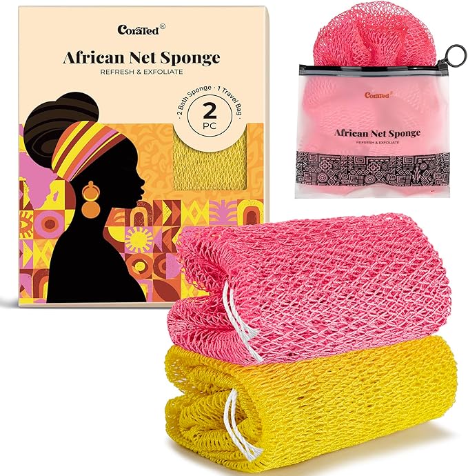 CORATED African Net Sponge Authentic, Shower Loofah Exfoliating Bath Sponge, Body Scrubber for Women and Men Daily Use Body Care, Travel Portable, Durable Bath Accessories for Bathroom (Pink & Yellow)