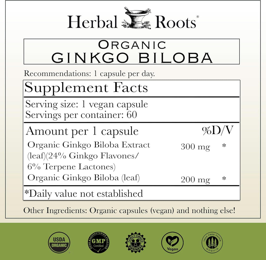 Herbal Roots Organic Ginkgo Biloba Made with Pure Organic Ginkgo Leaf and Extract - 60 Vegan Capsules