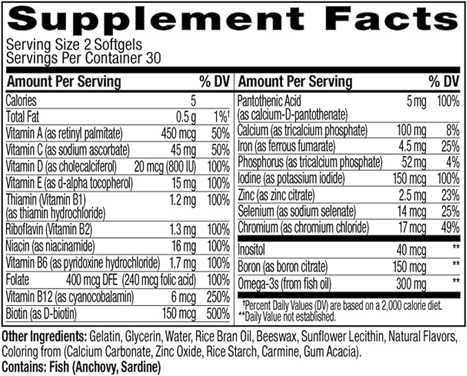 OLLY Ultra Women's Multi Softgels, Overall Health and Immune Support, Omega-3s, Iron, Vitamins A, D, C, E, B12, Daily Multivitamin, 30 Day Supply - 60 Count (Pack of 2)