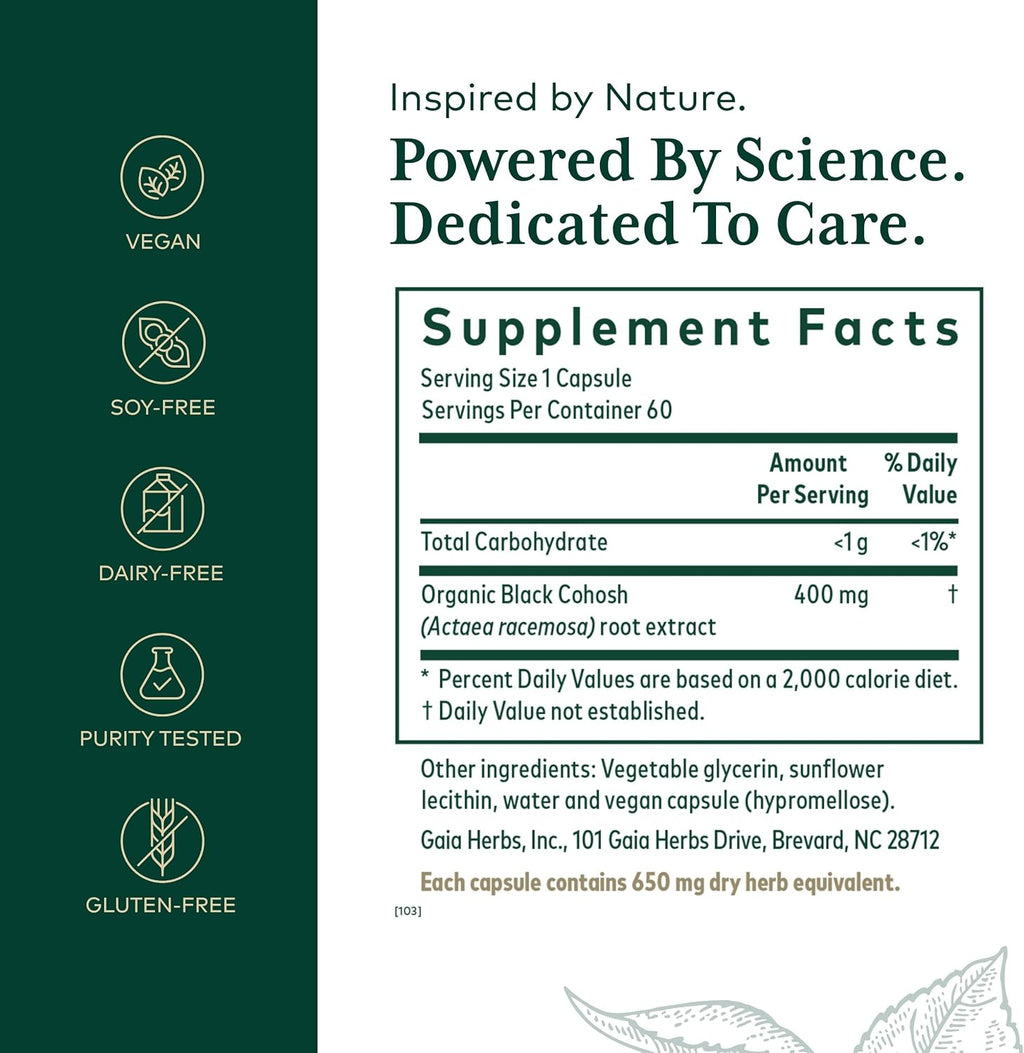 GAIA HERBS PRO Black Cohosh PRO - Healthy Perimenopause & Post Menopause Support Supplement* - Women's Health Supplement with Black Cohosh Root Extract - Vegan - 60 Liquid Phyto-Caps (60 Servings)